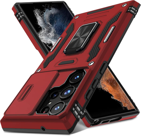 DEERLAMN Heavy Duty Shockproof Case for Samsung Galaxy S23 Ultra, Slide Camera Cover, Red Military Grade