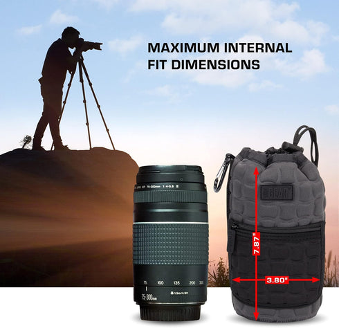 USA GEAR FlexARMOR-X Large Lens Case Pouch with Deluxe Padded Neoprene Protection - Holds Lens up to 70-300mm with Drawstring Opening, Built-in Carabiner Clip, Reinforced Belt Loop and Zippered Pocket