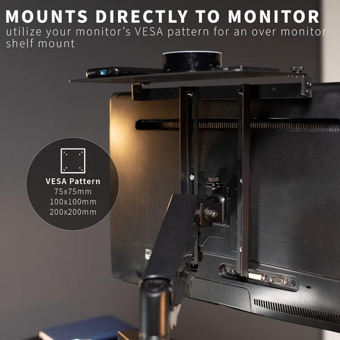 VIVO 13 inch Over Under VESA Monitor Shelf Mount, Fits VESA 75mm, 100mm, 200mm, Holds Media Devices, Speakers, and