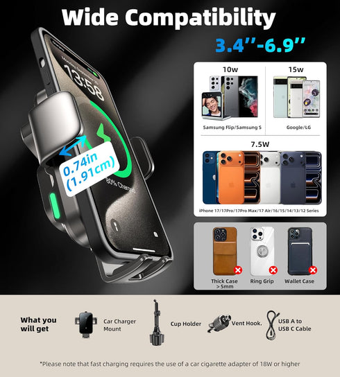 GuMosh 15W 17/16/15,Samsung S25 S24 S23 S22 Dual Coil Cup Phone Holder Mount,Wireless Car Charger Auto-Clamping Fast