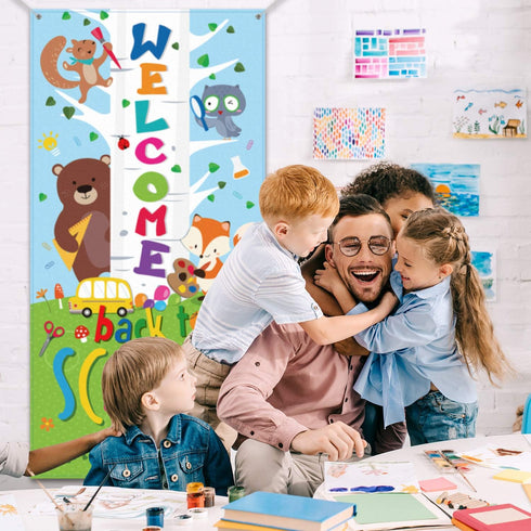 Welcome Banner - First Day of School Door Cover Woodland Animal Friends Photo Backdrop for Classroom School Party