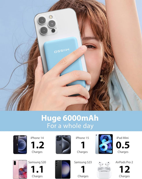 6000mAh Ultra Slim Power Bank, Card Size with Built-in USB C Cords, Portable Charger for Phones, Blue