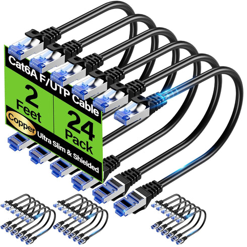 TuokaJu Cat6A Ethernet Cable Shielded 10Gbps 2 feet (24 Pack), Slim Shielded (F/UTP)