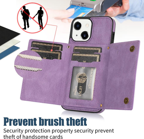 Asuwish iPhone 13 Case: 6.1" Wallet Cover, Card Holder, Tempered Glass Protector, Leather Bling, Purple for Women.