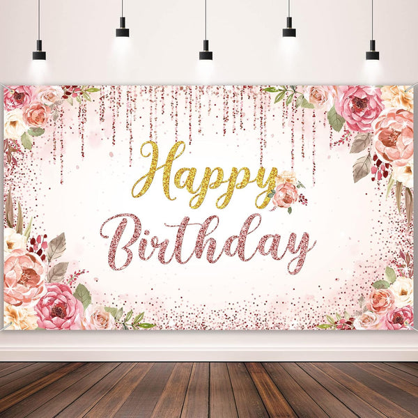 Happy Birthday Backdrop Decorations for Women, Rose Gold Floral Glitters Banner Party Supplies for Girls Boys