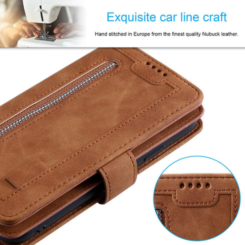 EYZUTAK Wallet Phone Case for Samsung Galaxy A51, Retro Matte 9 Card Holder Slots Zipper Pocket Case - Brown