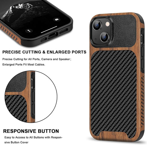 TENDLIN iPhone 15 Case - Slim Black Leather Hybrid with Wood Grain & Carbon Fiber Texture Design.