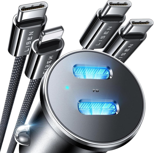 LISEN 90W USB C Car Charger, Fast Charging for iPhone 16/15 Pro Max, Dual PD 45W Port, Super Fast Adapter with 2 Cables