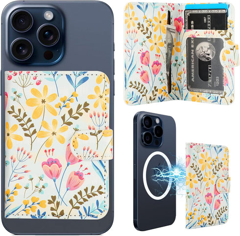 HAOPINSH MagSafe Wallet, Magnetic Card Holder with Floral Pattern, Detachable Adjustable Flip Leather Kickstand for