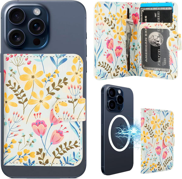 HAOPINSH MagSafe Wallet, Magnetic Card Holder with Floral Pattern, Detachable Adjustable Flip Leather Kickstand for