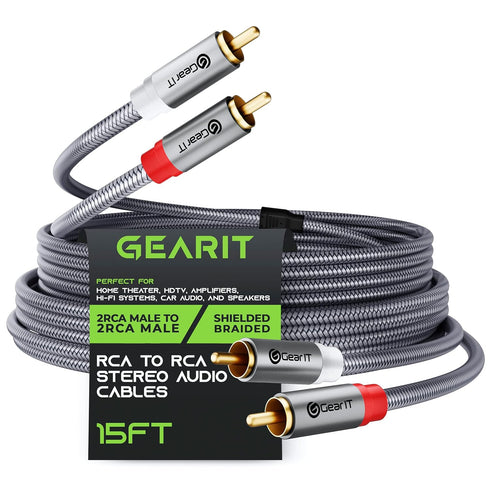 GearIT 15FT RCA Cable, 2RCA Male to Male Stereo Audio Cables for Home Theater, HDTV, Amplifiers