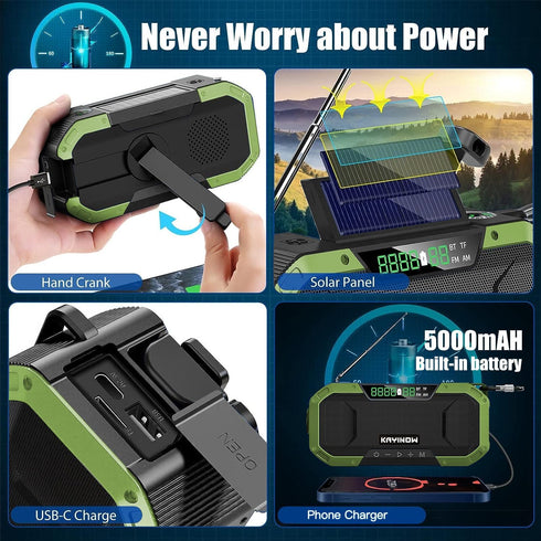 Emergency Radio Waterproof Bluetooth Speaker, Portable AM FM NOAA Weather Radio, Hand Crank Solar Powered, 5000mAh