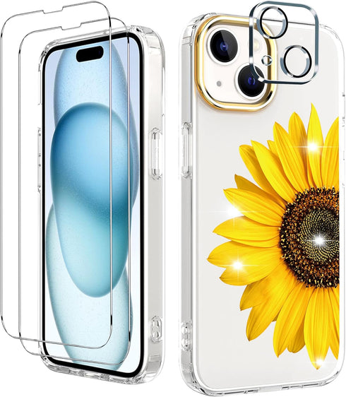 BAISRKE iPhone 15 Plus Clear Case 6.7" (2023) - Slim Shockproof Bumper, Sunflower Design + 2 Screen Protectors & 1 Lens