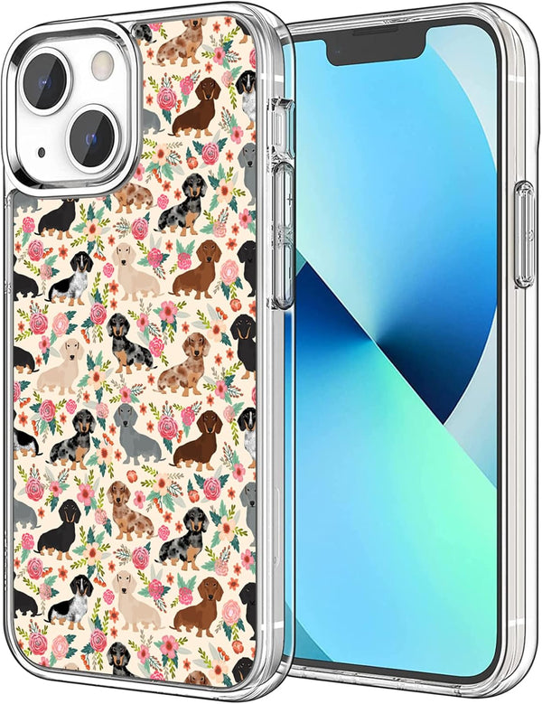 iPhone 13 Pro Case, Cute Dog Funny Dachshunds Florals, Shockproof Protective Clear Soft TPU, Gift for Girls Women