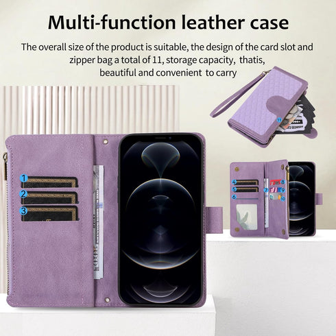 Asuwish iPhone 12 Pro Wallet Case: Purple Flip Cover with Tempered Glass, Zipper Card Holder & Crossbody Strap for