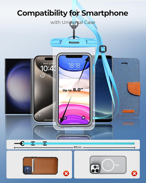 Waterproof Phone Pouch 8'', IPX8 Case with Lanyard for iPhone 15 14 13 12 11 Pro Max, 2 Pack/Blue
