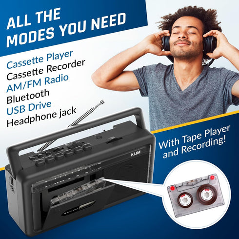 KLIM Cassette Portable Player & Tape Recorder Boombox with AM/FM Radio, USB, Bluetooth, Speaker, and Earphone Jack