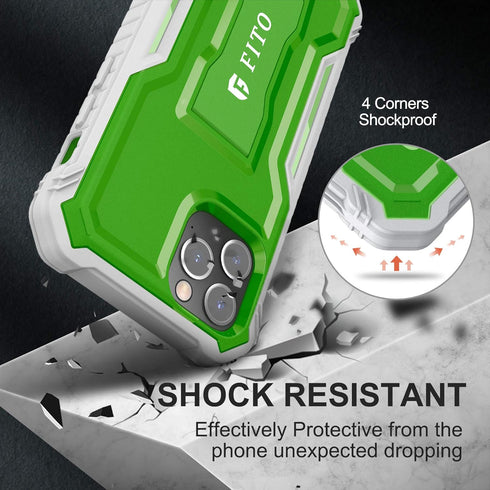 FITO iPhone 12 Pro Max Case, Dual Layer Shockproof Heavy Duty with Screen Protector, Built-in Kickstand (Green)