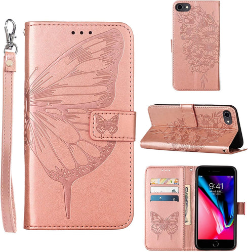 iPhone SE 2022/SE 2020 Case, Wallet Case for iPhone 6/6S/7/8, Butterfly Floral Embossed Leather Protective Flip Cover