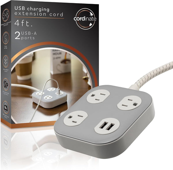Cordinate Adapt 3 Widely Spaced Multiple Outlets Power Strip, 2 USB Ports, 4 ft Extension Cord, Gray