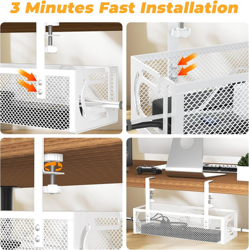Under Desk Cable Management Tray, No Drill Cable Organizer for Desk, Cord Management Box for Office and Home Storage