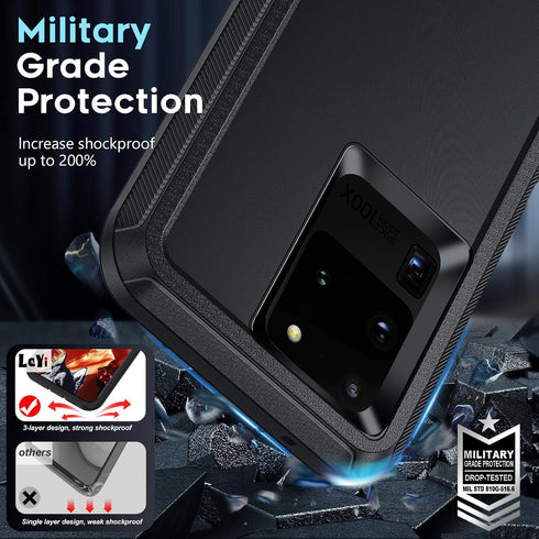 LeYi Heavy Duty Case for Samsung S20 Ultra, 3 in 1 Military Grade Shockproof Phone Cover (Black)