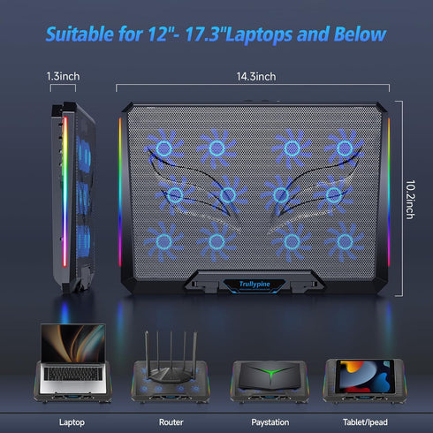 Laptop Cooling Pad with 12 Quiet Fans, Slim Portable for 12-17.3 Inch Laptop, Ergonomic Gaming Cooling Fan Pad