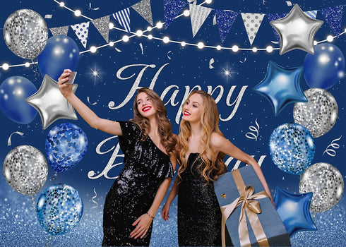 Navy Blue Happy Birthday Backdrop with Silver Glitter Balloons, Star Flag Sequins for Adult Birthday Party Decoration
