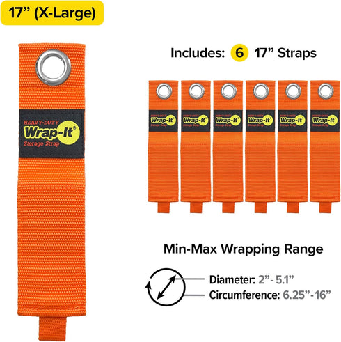 Heavy-Duty Wrap-It Storage Straps, 17-inch (6-Pack) Blaze Orange for Garage Organizer & Extension Cord Hanger