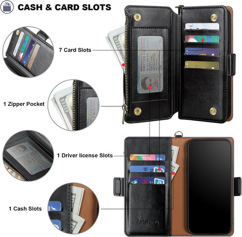 Antsturdy Wallet Case for iPhone 13 Pro Max, RFID Blocking PU Leather Flip Cover with Wrist Strap and Zipper Credit