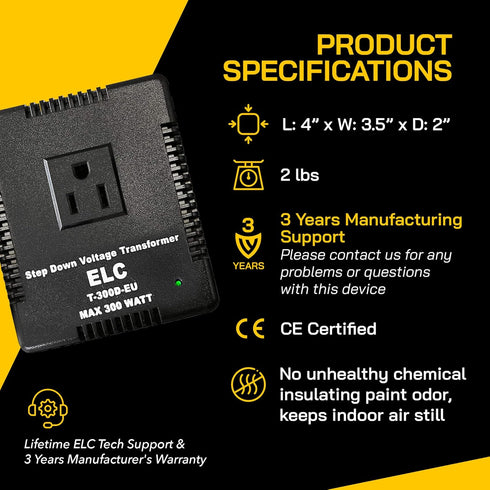 ELC 300-Watt Voltage Converter - Step Down - 220v to 110v / 240v to 120v Travel Power Converter for Hair Straightener,