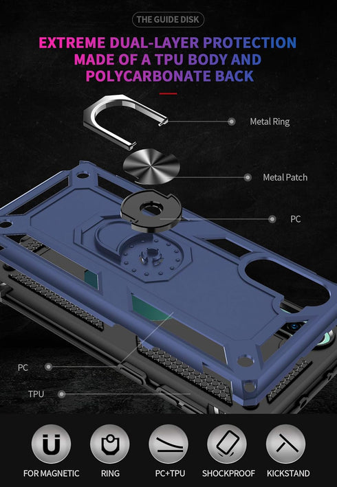 Samsung Galaxy Note 10 Case with HD Screen Protectors, Military-Grade Metal Ring Holder Kickstand, Shockproof Cover