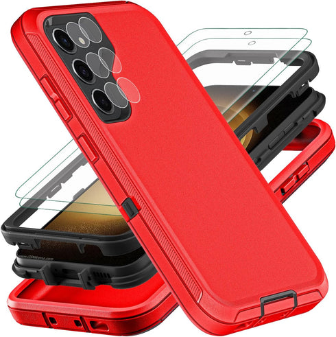 Samsung Galaxy S23 Plus Case with 2Pcs Military Grade 3 in 1 Heavy Duty Case, Red/Black, Screen & Camera Protectors