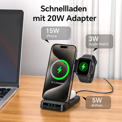 Tribone 3 in 1 Foldable Fast Wireless Charger, Black, for iPhone 16/15/14/13/12/11 Pro Max, Apple Watch, AirPods