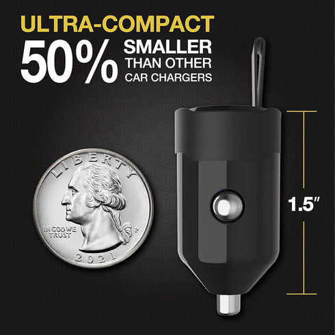 Scosche PowerVolt PD30 Mini USB-C 30W Car Charger with 4 FT Long Fast Charging Cable, Black