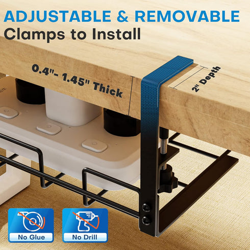 No Drill Under Desk Cable Management Tray, Sturdy Metal Wire Organizer Basket for Home and Office Desks