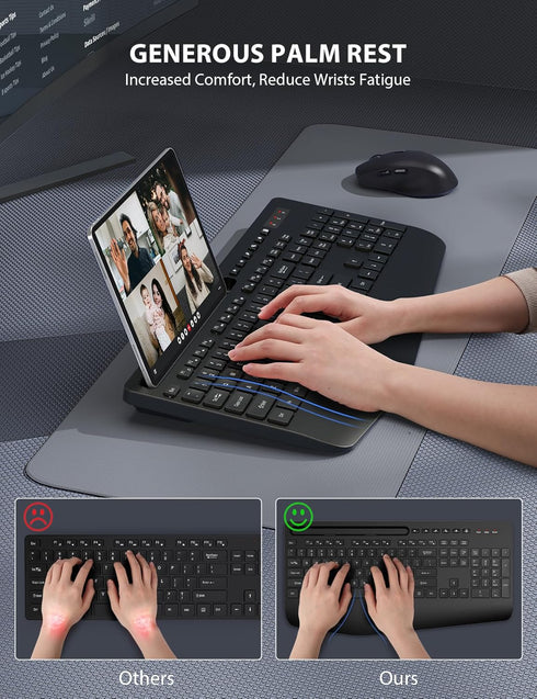 Wireless Keyboard and Mouse Combo - Trueque Ergonomic Full-Sized Keyboard with Wrist Rest, Phone Holder, Silent 2.4GHz