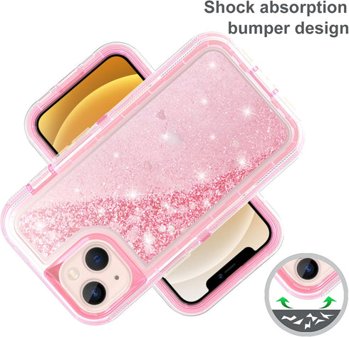 Asuwish iPhone 13 Mini Case - 5.4" Bling Liquid Glitter, Clear Hybrid, Military Grade Protection, Pink, with Screen