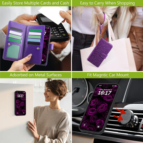 Varikke Detachable Wallet Case for iPhone 13 Pro Max with Card Holder, Fashion Glitter Leather Strap Magnetic Flip