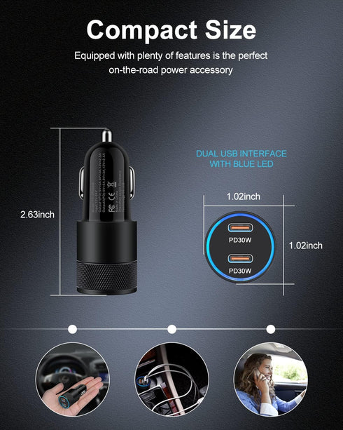 60W USB C Car Charger, 2 Pack AILKIN USB C Cigarette Lighter Adapter Fast Charging Dual Port Type C Charger Compatible