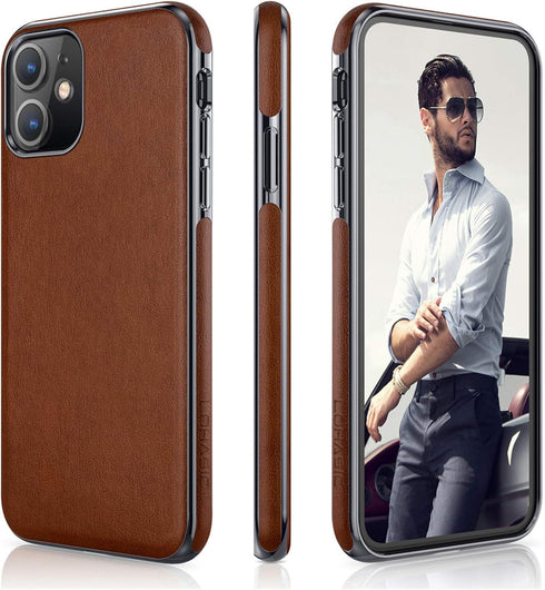LOHASIC Leather Case for iPhone 11 - Slim PU Leather with Electroplated Frame, Anti-Slip Grip, Brown