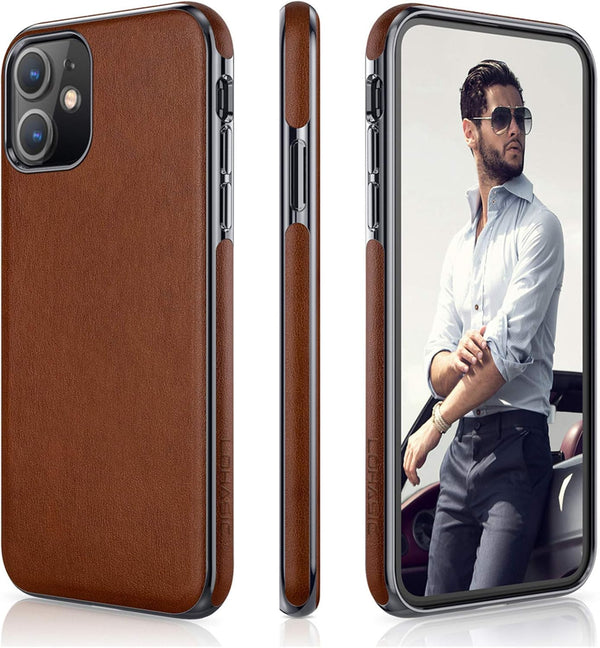 LOHASIC Leather Case for iPhone 11 - Slim PU Leather with Electroplated Frame, Anti-Slip Grip, Brown