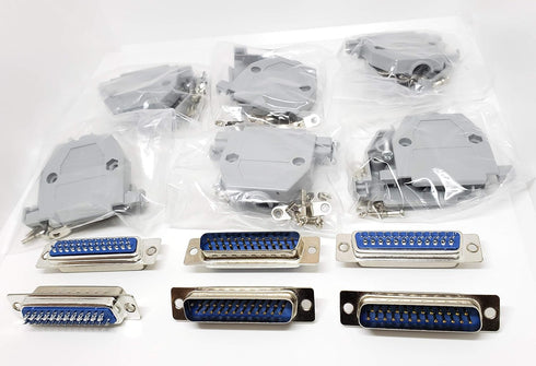 6 Sets Solder Cup DB25 Male + Plastic Hoods - 25 Pins D-Sub Connector & Hood Set, 12-Pack (6 DB25 Males + 6 Hoods)