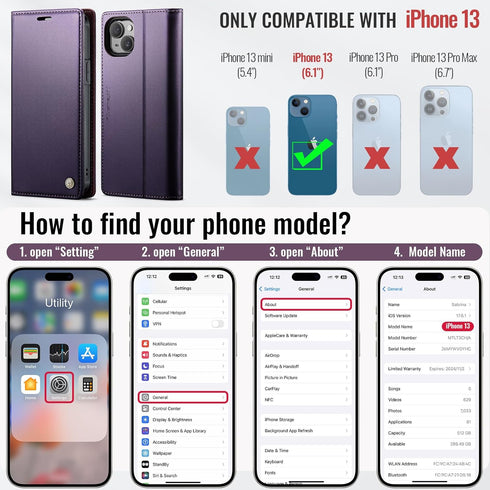 PlusnapX 13 2-in-1 13 6.1", Wallet Case for iPhone Compatible with Magsafe, PU Leather Flip RFID Blocking Card Holder