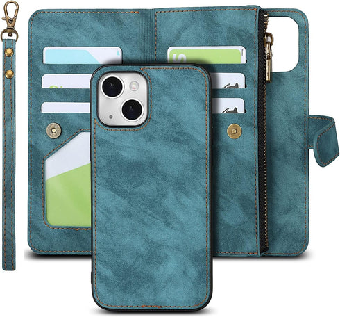 iCoverCase iPhone 13 Wallet Case with Card Holder, 2 in 1 PU Leather Magnetic Clasp, Zipper Pocket, Blue