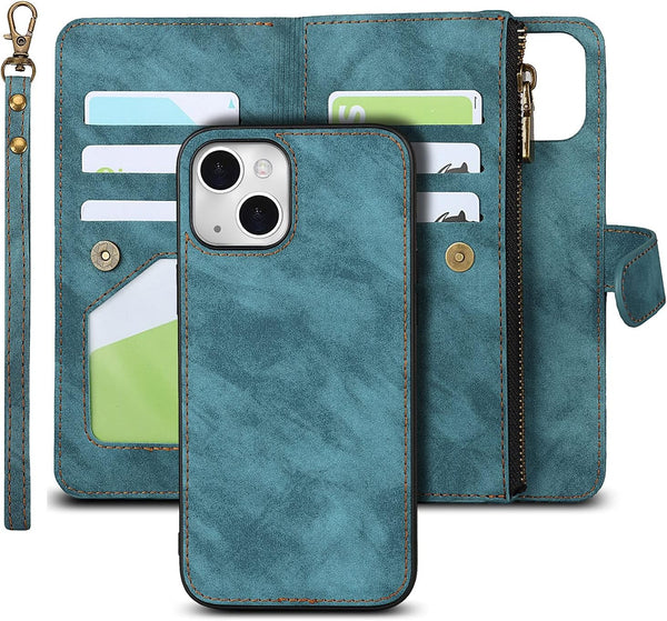 iCoverCase iPhone 13 Wallet Case with Card Holder, 2 in 1 PU Leather Magnetic Clasp, Zipper Pocket, Blue