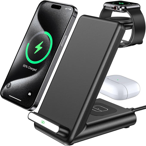 Wireless Charging Station, 3 in 1 Stand Made for Apple Watch Ultra/9/8/7/6/SE/5/4/3, Fast Wireless Charger for iPhone