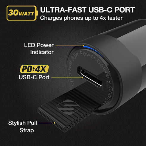 Scosche PowerVolt PD30 Mini USB-C 30W Car Charger with 4 FT Long Fast Charging Cable, Black