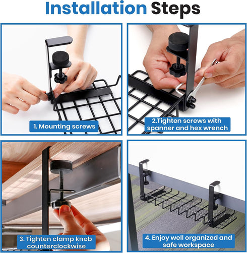 Under Desk Cable Management Tray - 16” No Drill Cord Organizer with Clamps for Wire Management, Pack of 1
