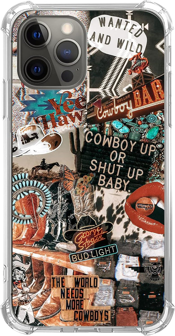 Western Cowgirl Cowboy Collage Case for iPhone 12 Pro Max, Unique Trendy Design, Boho Southwestern Retro TPU Bumper